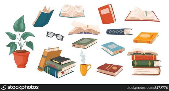School books. Cartoon education library and notebooks, open and closed books in stacks. Vector isolated set design image illustrations collection book. School books. Cartoon education library and notebooks, open and closed books in stacks. Vector isolated set