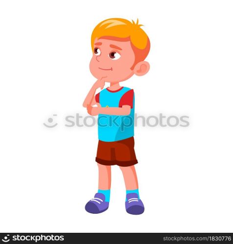 School Boy Cute Child Thinking Something Vector. European Schoolboy Smiling And Thinking For Birthday Party Plan Or Choosing Toy In Shop. Pretty Character Kid Flat Cartoon Illustration. School Boy Cute Child Thinking Something Vector