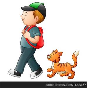 School boy going to school with a cat