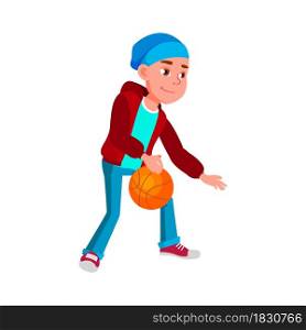 School Boy Playing Basketball Sport Game Vector. Caucasian Schoolboy Play And Training Basketball With Ball Sportive Equipment. Character Teen Playful Activity Flat Cartoon Illustration. School Boy Playing Basketball Sport Game Vector
