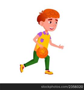 School Boy Playing Basketball Sport Game Vector. Schoolboy Child Play With Basketball Ball On Sportive Playground. Happy Character Pupil Kid Championship Event Flat Cartoon Illustration. School Boy Playing Basketball Sport Game Vector