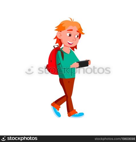 School Boy Playing Video Game On Smartphone Vector. Caucasian Schoolboy Walking At Lesson With Backpack And Play Game On Mobile Phone. Character Use Electronic Device Flat Cartoon Illustration. School Boy Playing Video Game On Smartphone Vector
