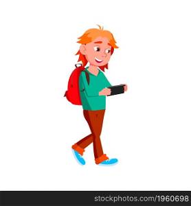 School Boy Playing Video Game On Smartphone Vector. Caucasian Schoolboy Walking At Lesson With Backpack And Play Game On Mobile Phone. Character Use Electronic Device Flat Cartoon Illustration. School Boy Playing Video Game On Smartphone Vector