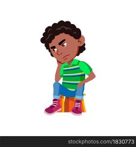 School Boy Sitting On Chair And Thinking Vector. Sad African Schoolboy Kid Sit On Seat And Thinking About Problem Or Remember Where Lost Toy. Thoughtful Character Flat Cartoon Illustration. School Boy Sitting On Chair And Thinking Vector