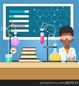 School boy with chemistry equipment. Chemistry class vector illustration. School boy with chemistry equipment