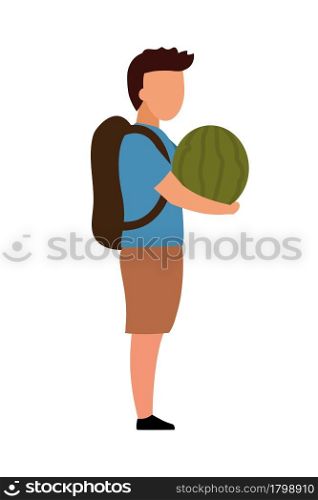 School boy with watermelon semi flat color vector character. Full body person on white. Kid with refreshing summer treat isolated modern cartoon style illustration for graphic design and animation. School boy with watermelon semi flat color vector character