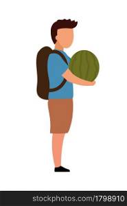 School boy with watermelon semi flat color vector character. Full body person on white. Kid with refreshing summer treat isolated modern cartoon style illustration for graphic design and animation. School boy with watermelon semi flat color vector character