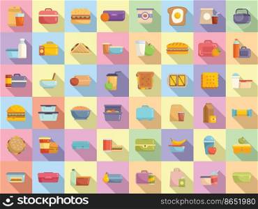 School breakfast icons set flat vector. Lunch bag. Bread break. School breakfast icons set flat vector. Lunch bag