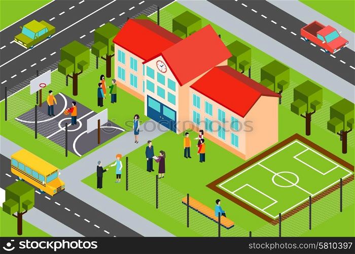 School building area isometric composition poster. High school educational facility building with outdoor sport complex and school bus isometric banner abstract vector illustration