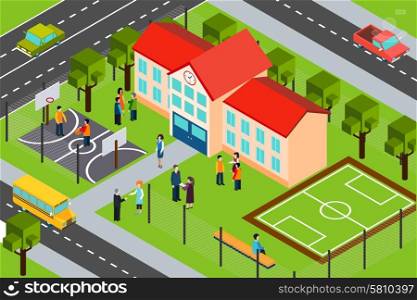 School building area isometric composition poster. High school educational facility building with outdoor sport complex and school bus isometric banner abstract vector illustration