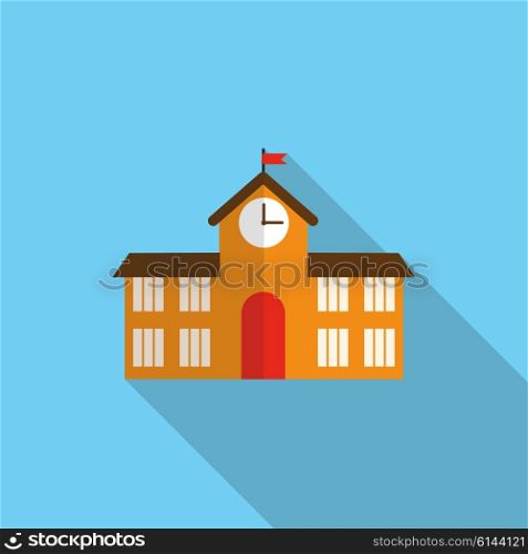 School Building Flat Icon with Long Shadow, Vector Illustration Eps10