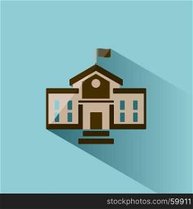 School building icon with shadow on blue background