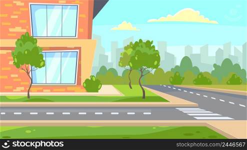 School building near road vector illustration. Green trees around brick building. City illustration