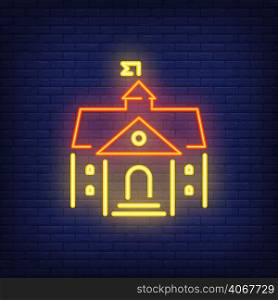 School building neon sign. Modern bright school building exterior with flap on roof. Night bright advertisement. Vector illustration in neon style for education and castle