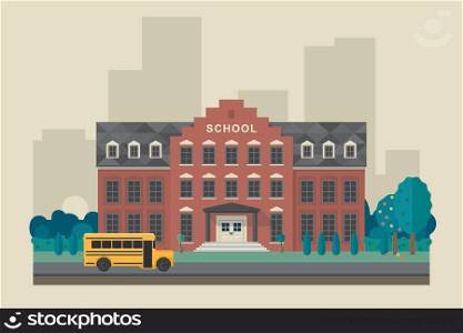 School building with school yellow bus in flat style. Vector education banner.