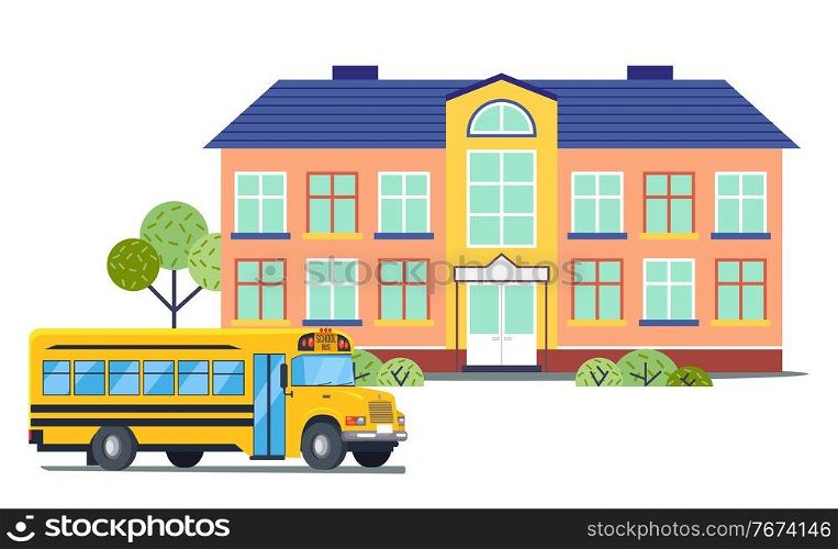 School building with yellow school bus. Isolated icons in flat style. Back to school concept. Empty backyard. Modern architecture with blue roof, big windows. Welcome to school, transport for pupils. School building with yellow school bus, isolated icons in flat style, back to school concept