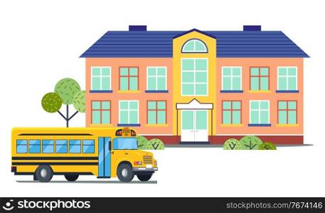 School building with yellow school bus. Isolated icons in flat style. Back to school concept. Empty backyard. Modern architecture with blue roof, big windows. Welcome to school, transport for pupils. School building with yellow school bus, isolated icons in flat style, back to school concept