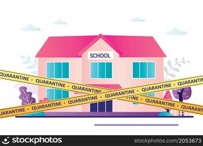 School building with yellow warning tapes. School closed for quarantine due to coronavirus pandemic. Distance education. Lockdown, covid-19 prevention. Trendy flat vector illustration. School building with yellow warning tapes. School closed for quarantine due to coronavirus pandemic. Distance education. Lockdown