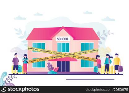School building with yellow warning tapes. School closed, group of unhappy students with backpacks. Distance education. Lockdown, covid-19 prevention. Trendy flat vector illustration. School building with yellow warning tapes. School closed, group of unhappy students with backpacks. Distance education. Lockdown