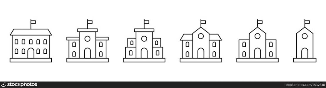School buildings icons set isolated on white background. Place of education for children. Vector illustration