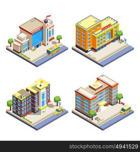 School Buildings Isometric Icons Set. Modern many-storeyed school buildings with cars bicycles and school bus isometric icons set on white background isolated vector illustration