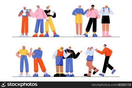 School bully torment classmates. Aggressive teenagers laugh and pointing on helpless students. Teens violence and sabotage. Characters bullying, aggression, conflict, Line art flat vector illustration. School bully torment classmates, aggressive teens