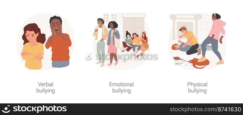 School bullying isolated cartoon vector illustration set. Verbal harassment, emotional bullying problem, whispering behind back physical attack on school child, children fighting vector cartoon.. School bullying isolated cartoon vector illustration set.