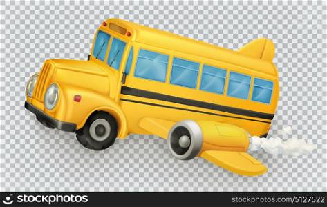 School bus, airplane. 3d vector icon