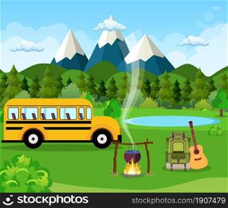 school bus and green meadow, mountains on a cloudy sky. Summer camping. Natural vector landscape. vector illustration in flat design. Outdoor activities. Tent and fire camp. Vector flat illustration camping.