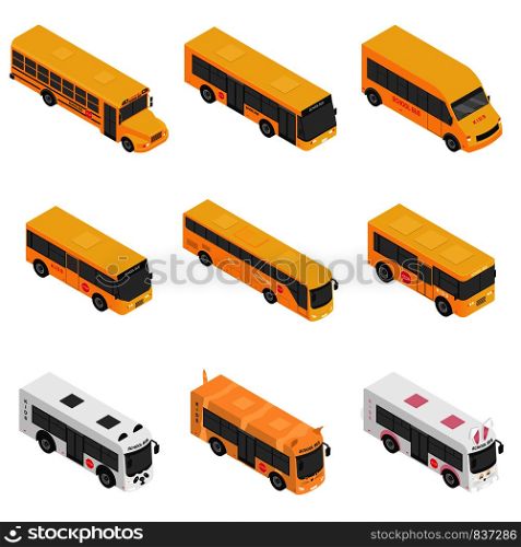School bus back kids icons set. Isometric illustration of 9 school bus back kids vector icons for web. School bus back kids icons set, isometric style