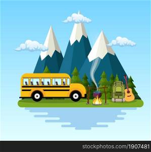 school bus, campfire, mountains, forest and water. Background for summer camp, nature tourism, camping or hiking design concept. Vector illustration in flat style. tent, campfire, mountains, forest and water.