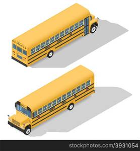 School bus detailed isometric icons set frond and rear view. School bus detailed isometric icons set frond and rear view graphic illustration design