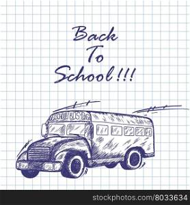 School bus. Doodle sketch on checkered paper background. Vector illustration.