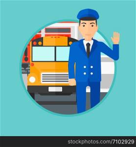 School bus driver waving while standing in front of yellow bus. School bus driver standing on the background of school building. Vector flat design illustration in the circle isolated on background.. School bus driver.