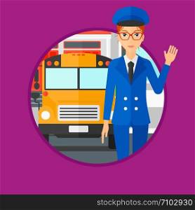 School bus driver waving while standing in front of yellow bus. School bus driver standing on the background of school building. Vector flat design illustration in the circle isolated on background.. School bus driver.