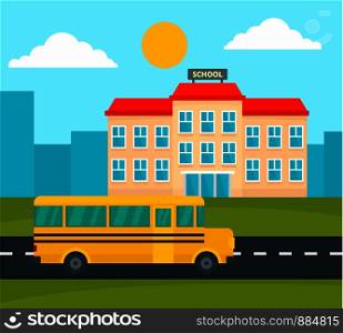 School bus driving to school background. Flat illustration of school bus driving to school vector background for web design. School bus driving to school background, flat style