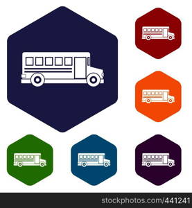 School bus icons set hexagon isolated vector illustration. School bus icons set hexagon