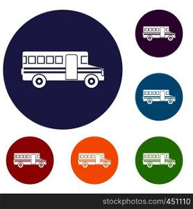 School bus icons set in flat circle reb, blue and green color for web. School bus icons set
