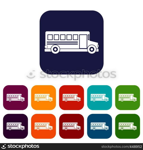 School bus icons set vector illustration in flat style In colors red, blue, green and other. School bus icons set flat