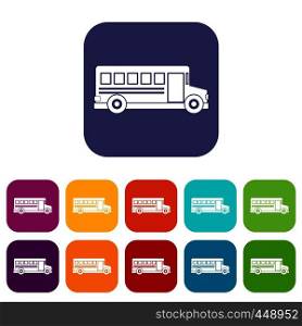 School bus icons set vector illustration in flat style In colors red, blue, green and other. School bus icons set flat