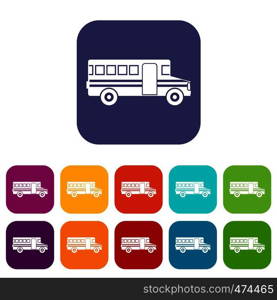 School bus icons set vector illustration in flat style In colors red, blue, green and other. School bus icons set