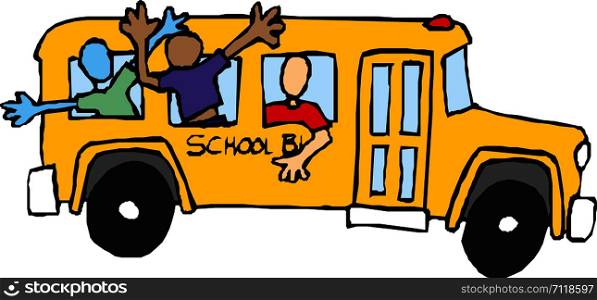 School bus. Kids riding on school bus. Vector illustration