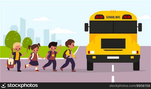 School bus kids. Students enter yellow transport, children group goes to classes, urban landscape, girls and boys with backpacks. Transportation of young cute pupils. Flat vector cartoon concept. School bus kids. Students enter yellow transport, children group goes to classes, urban landscape, girls and boys with backpacks. Transportation of pupils. Flat vector cartoon concept