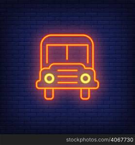 School bus neon sign. Modern orange school bus with headlights. Night bright advertisement. Vector illustration in neon style for transportation and education