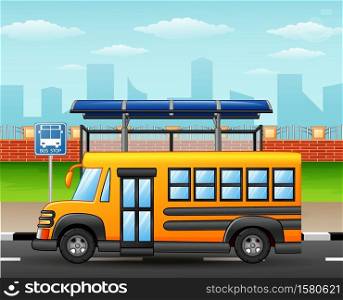 School bus on city skyline background