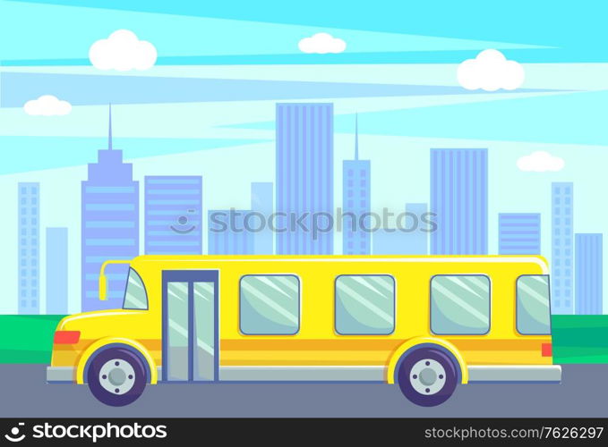 School bus riding on road of small town vector, cityscape with skyscrapers and high buildings. City with green parks and grass by highway, minibus. Flat cartoon. Automobile Driving on Road, School Bus in City