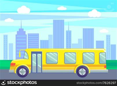 School bus riding on road of small town vector, cityscape with skyscrapers and high buildings. City with green parks and grass by highway, minibus. Flat cartoon. Automobile Driving on Road, School Bus in City