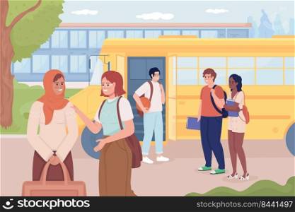 School bus stop before highschool building flat color vector illustration. Morning meeting. Spending time with classmates. Fully editable 2D simple cartoon characters with schoolyard on background. School bus stop before highschool building flat color vector illustration