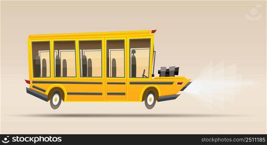 School Bus. Vector Illustration. Racing Bus in Cartoon Style with Big Engine.