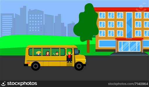 School bus with kids background. Flat illustration of school bus with kids vector background for web design. School bus with kids background, flat style